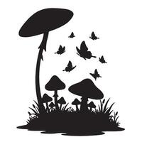 Enchanting Silhouette of Mushrooms and Butterflies Dancing in a Mystical Forest Meadow - Professional digital artwork with vibrant colors and detailed composition vector