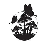 Enchanting Black and White Illustration of Mushrooms and Butterflies in a Mystical Forest Setting - Professional digital artwork with vibrant colors and detailed composition vector