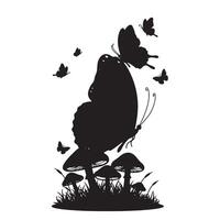 Serene Black Silhouette of a Butterfly Landing on Mushrooms in a Grassy Meadow, Peaceful Nature Scene vector