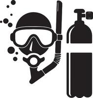 Serene Underwater Exploration Scuba Diving Mask, Snorkel, and Oxygen Tank Icon in Black Silhouette - Professional digital artwork with vibrant colors and detailed composition vector