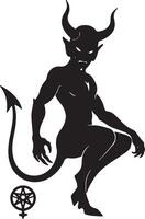 Mysterious Black Devil Silhouette Brooding, Powerful Demon Seated in Shadowy Pose with Pentagram - Professional digital artwork with vibrant colors and detailed composition vector