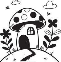 Charming Black and White Illustration of a Cute Mushroom House in a Whimsical Garden Setting vector