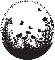 Serene Black and White Silhouette of Wildflowers and Butterflies in a Circular Meadow, Peaceful Nature Scene vector