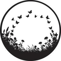 Serene Black and White Circular Design Silhouetted Butterflies Dancing Around Spring Wildflowers in a Peaceful Meadow vector