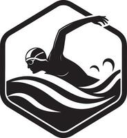 Powerful Swimmer Silhouette in Dynamic Ocean Waves An Energetic Black and White Emblem Design - Professional digital artwork with vibrant colors and detailed composition vector