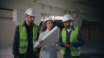 Dissatisfied Caucasian woman inspector holding draft scold builders men talking in construction technicians build frustrated controller complain bad work engineers manufacturing contractors construct video
