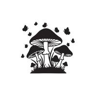 Black and White Illustration of Mushrooms and Butterflies in a Mystical Forest Setting - Professional digital artwork withcolors and detailed composition vector