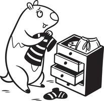 Playful Capybara Choosing Clothes from a Drawer in a Whimsical, Black and White Illustration - Professional digital artwork with vibrant colors and detailed composition vector