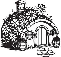 Enchanting Black and White Illustration of a Flower-Covered Hobbit House in a Magical Setting - Professional digital artwork with vibrant colors and detailed composition vector