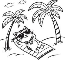 Cool Cat Relaxing on Tropical Beach A Serene Coloring Page Featuring a Happy Feline Sunbathing Under Palm Trees vector