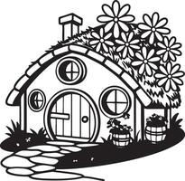 Charming Black and White Illustration of a whimsical fairytale Hobbit house nestled in a flower garden, evoking a sense of peace and wonder. vector