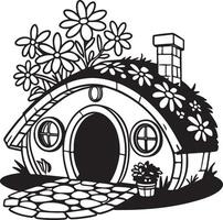 Charming Black and White Illustration of a Flower-Covered Hobbit House in a Magical Setting - Professional digital artwork with vibrant colors and detailed composition vector