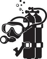 Serene Underwater Exploration Dive Mask and Oxygen Tanks in Stylish Black Silhouette - Professional digital artwork with vibrant colors and detailed composition vector
