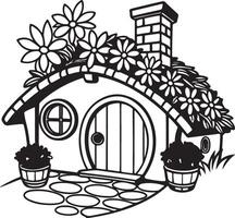 Charming Black and White Illustration of a Flower-Covered Hobbit House, Idyllic Cottage Scene, Enchanting Home Design vector
