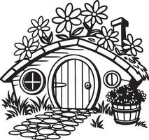 Enchanting Black and White Illustration of a Hobbit-Style Cottage Nestled in a Flowery Garden with a Stone Path vector