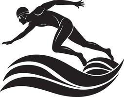 Dynamic Silhouette of a Swimmer Gracefully Riding Ocean Waves, Powerful Aquatic Action, Dramatic Monochrome Artwork vector