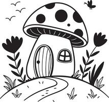 Enchanting Black and White Illustration of a whimsical mushroom house nestled in a serene, idyllic garden setting vector