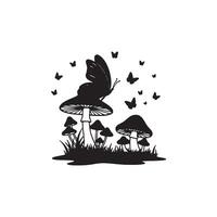 Enchanting Black and White of a Butterfly on Mushrooms in a Mystical Forest Setting vector