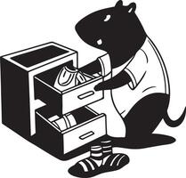 Playful Mouse Character Secretly Opens a Drawer Filled with Clothes in a Quirky Black and White Illustration vector