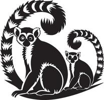Majestic Ring-tailed Lemurs in Elegant Black Silhouette Art Peaceful Primates in a Serene Setting - Professional digital artwork with vibrant colors and detailed composition vector