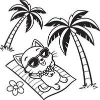 Happy Cat Sunbathing on Tropical Beach Under Palm Trees, Relaxing Summer Vacation Coloring Page - Professional digital artwork with vibrant colors and detailed composition vector