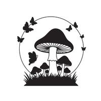 Enchanting Silhouette of Mushrooms and Butterflies in a Serene Moonlit Meadow, Evoking a Magical Atmosphere vector