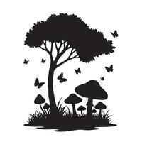 Serene Black and White Silhouette of Mushrooms and Tree with Butterflies in a Mystical Forest Setting vector