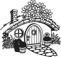 Charming Black and White Illustration of a Flower-Covered Hobbit House in a Magical Garden Setting vector