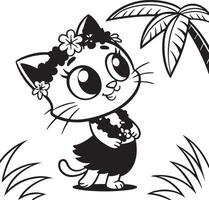 Adorable Kitten in Hawaiian Lei Dances Joyfully Under a Palm Tree in a Tropical Paradise Coloring Page vector