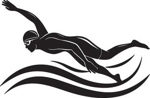 Dynamic Silhouette of a Swimmer Gracefully Gliding Through Ocean Waves, Aquatic Competition - Professional digital artwork with vibrant colors and detailed composition vector