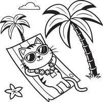 Relaxed Cat Sunbathing on Tropical Beach Lounger Under Palm Trees, Enjoying Summer Vacation - Professional digital artwork with vibrant colors and detailed composition vector