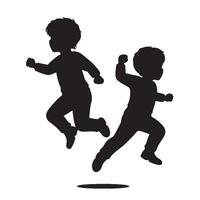Joyful Kids Silhouette Two Boys Playfully Jumping and Running Against White Background - Professional digital artwork with vibrant colors and detailed composition vector