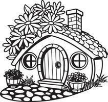 Enchanting Black and White Fairy House Illustration Magical Cottage with Flowers, Stone Path, and Whimsical Mood vector