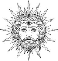 Mystical Sun God with Third Eye, Crowned and Bearded, in Intricate Line Art, Spiritual and Esoteric Illustration vector