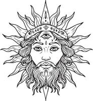 Majestic Sun God with Third Eye, Mystical Line Art, Spiritual Enlightenment, Celestial Being, Intricate Design, Symbolic Artwork, White Background vector