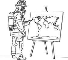 Firefighter Examining World Map, Planning Global Emergency Response, Serious Mood, Line Art Illustration - Professional digital artwork with vibrant colors and detailed composition vector