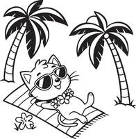 Happy Cat Sunbathing on Tropical Beach Relaxing Under Palm Trees Coloring Page - Professional digital artwork with vibrant colors and detailed composition vector