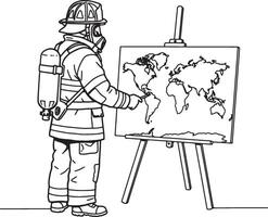 Firefighter Strategically Planning Global Emergency Response on World Map in Serious Mood - Professional digital artwork with vibrant colors and detailed composition vector
