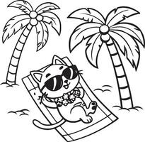 Cool Cat Relaxing on Tropical Beach Lounger Under Palm Trees, Summer Vacation Coloring Page - Professional digital artwork with vibrant colors and detailed composition vector