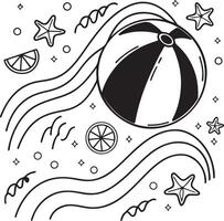 Beach Ball Fun in the Summer Sun A Delightful Black and White Coloring Page Featuring Ocean Waves, Starfish, and Citrus Fruits vector