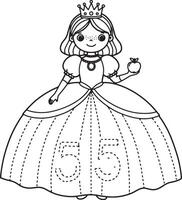 Adorable Princess in a Ball Gown, Holding an Apple, Number Tracing Activity, Fairytale Charm, Black and White Coloring Page vector