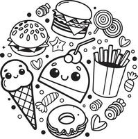Adorable Kawaii Junk Food Coloring Page Happy Burgers, Ice Cream, and Donuts in a Playful Design vector
