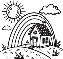 Charming Black and White Illustration of a Little House nestled under a Rainbow on a Sunny Hill, Evoking Joy and Whimsy vector