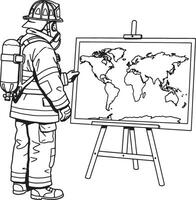 Firefighter Presenting Global Emergency Response Strategy on World Map, Serious and Focused Mood - Professional digital artwork with vibrant colors and detailed composition vector