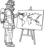 Firefighter Examining World Map, Planning Global Emergency Response, Serious Mood, Black and White Illustration - Professional digital artwork with vibrant colors and detailed composition vector