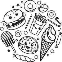Adorable Kawaii Junk Food Coloring Page Happy Burger, Fries, Ice Cream, and Sweets in a Playful Circle Design vector