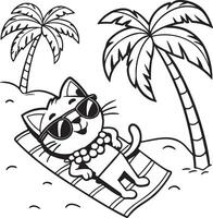 Cool Cat Sunbathing on Tropical Beach A Relaxing Summer Coloring Page Illustration - Professional digital artwork with vibrant colors and detailed composition vector