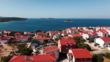 Aerial view of seaside town with Mediterranean architecture and sea view video