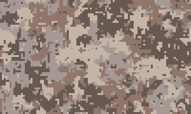 Abstract digital camouflage pattern in muted earth tones. Perfect for backgrounds, textures, or militarytactical themed designs. Subtle pixelated effect adds modern feel.