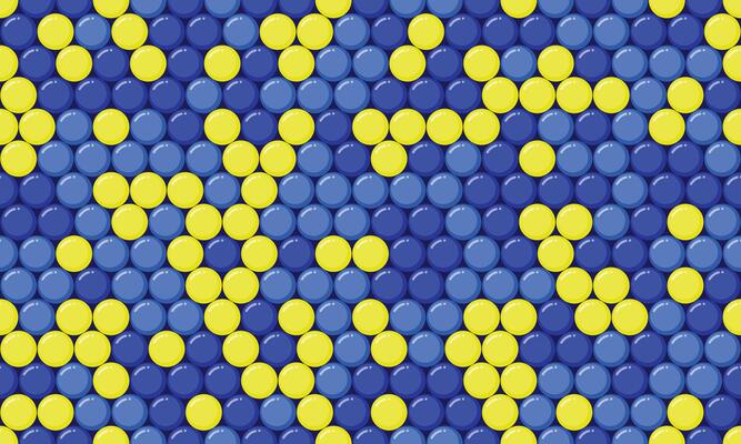 Abstract geometric pattern of vibrant yellow and blue circles. Ideal for backgrounds, textures, websites, or playful designs. Represents unity, contrast, or a modern aesthetic.